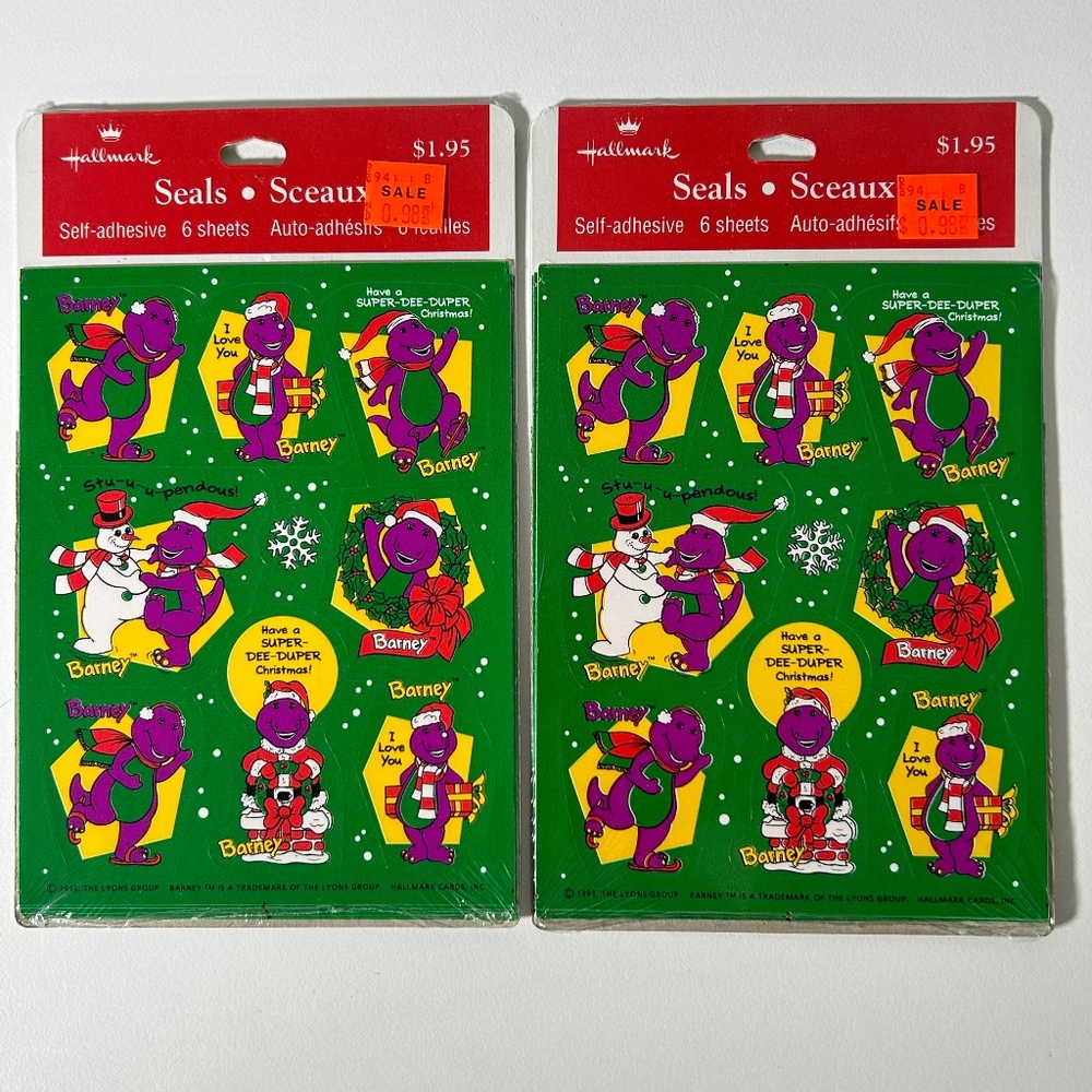 Vintage 90s Hallmark Barney the Dinosaur Christmas Stickers 2 Sealed Packs (22M)